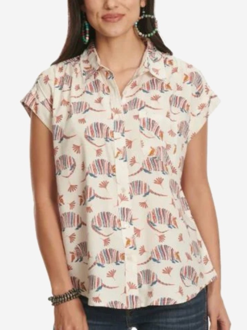 Cotton & Rye Armadillo Print Button Up Women’s XL Casual Cap Sleeve Western Top